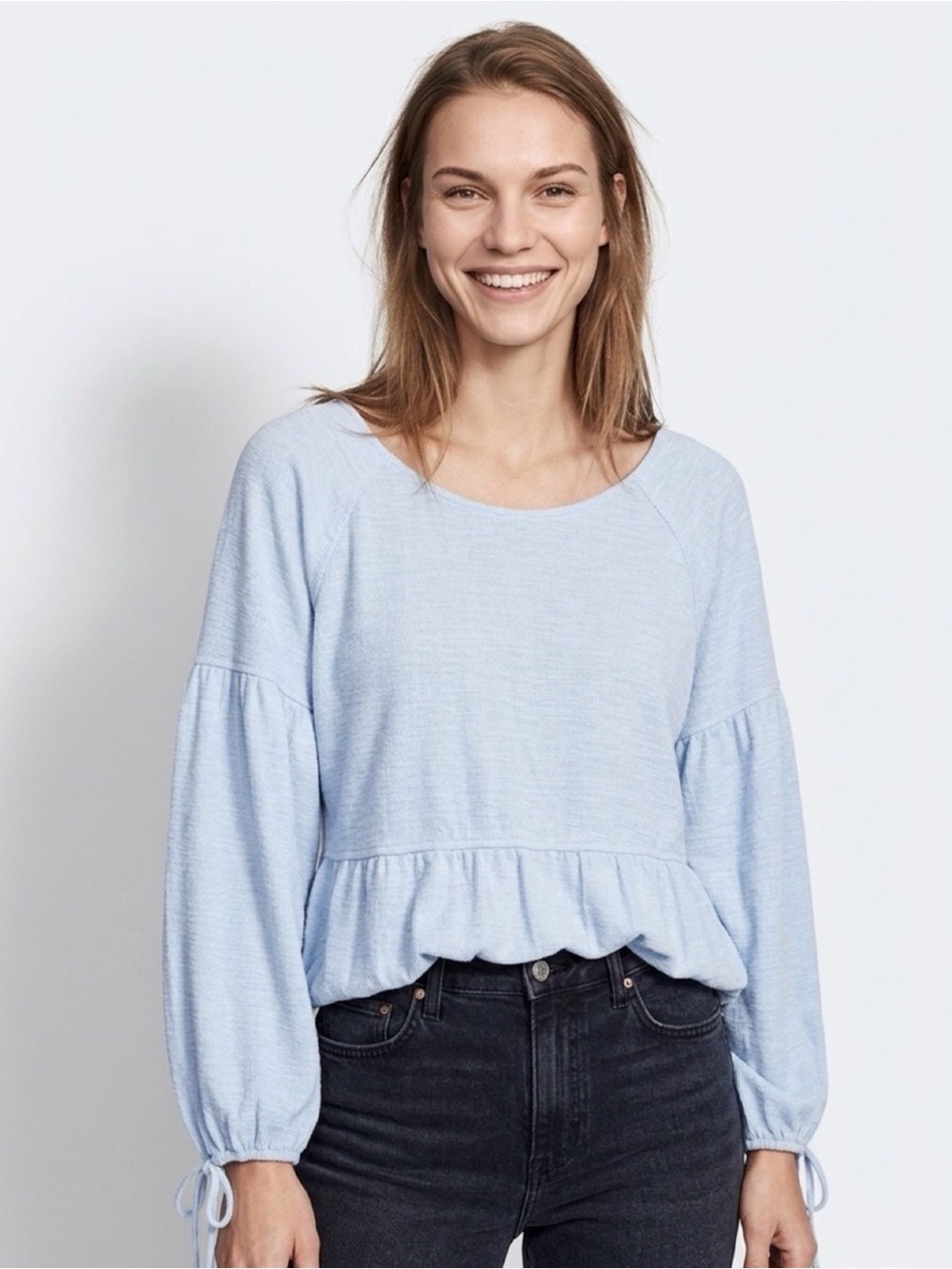 Aerie Light Blue Balloon Sleeve Blouse Womens XL Tie Cuff Gathered Hem
